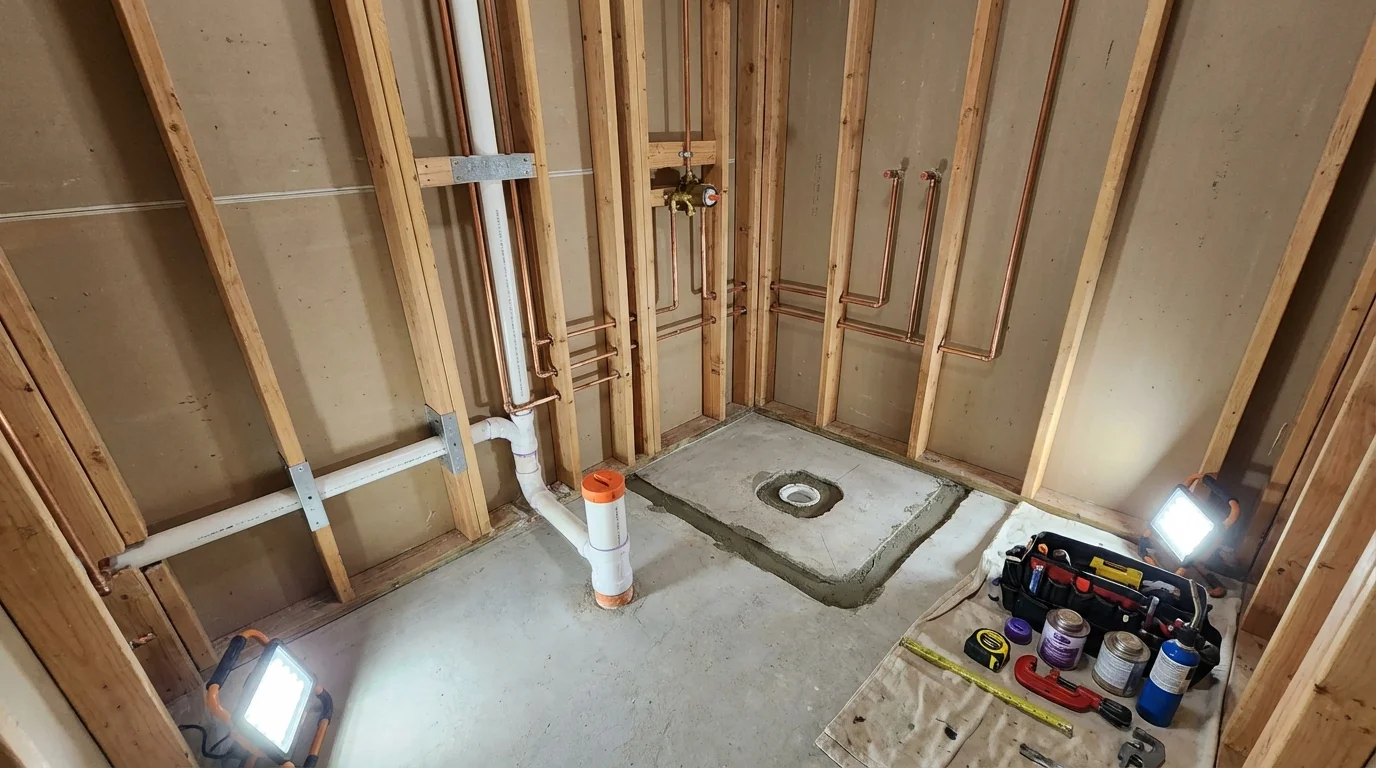 Bathroom rough-in plumbing during remodel by Johns Plumbing LLC in Mallory