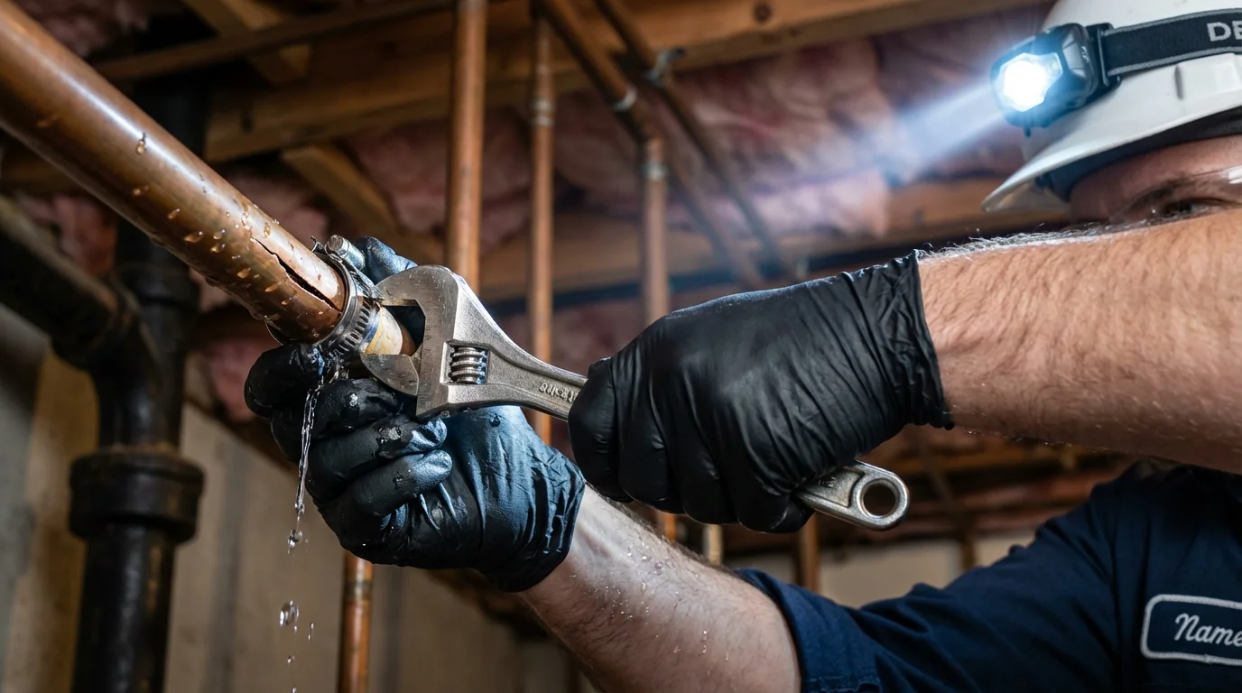 Emergency pipe clamp repair being performed by a Johns Plumbing LLC plumber in Mallory