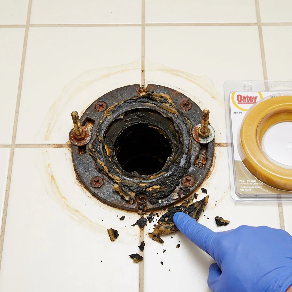 Failed wax ring showing water seepage at the base of a toilet in a Mallory, WV home