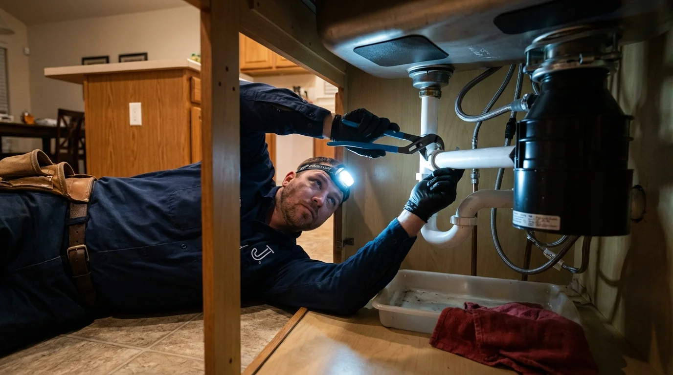 P-trap and supply line connections under a kitchen sink showing a common leak point in Mallory, WV